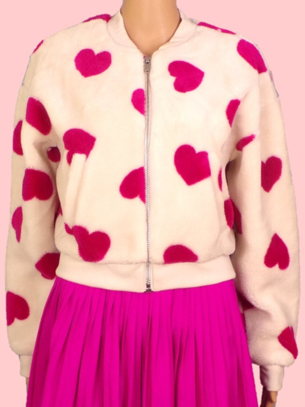 NO BOUNDARIES size S (4-6) white/red faux-fur zip-front jacket hearts pattern